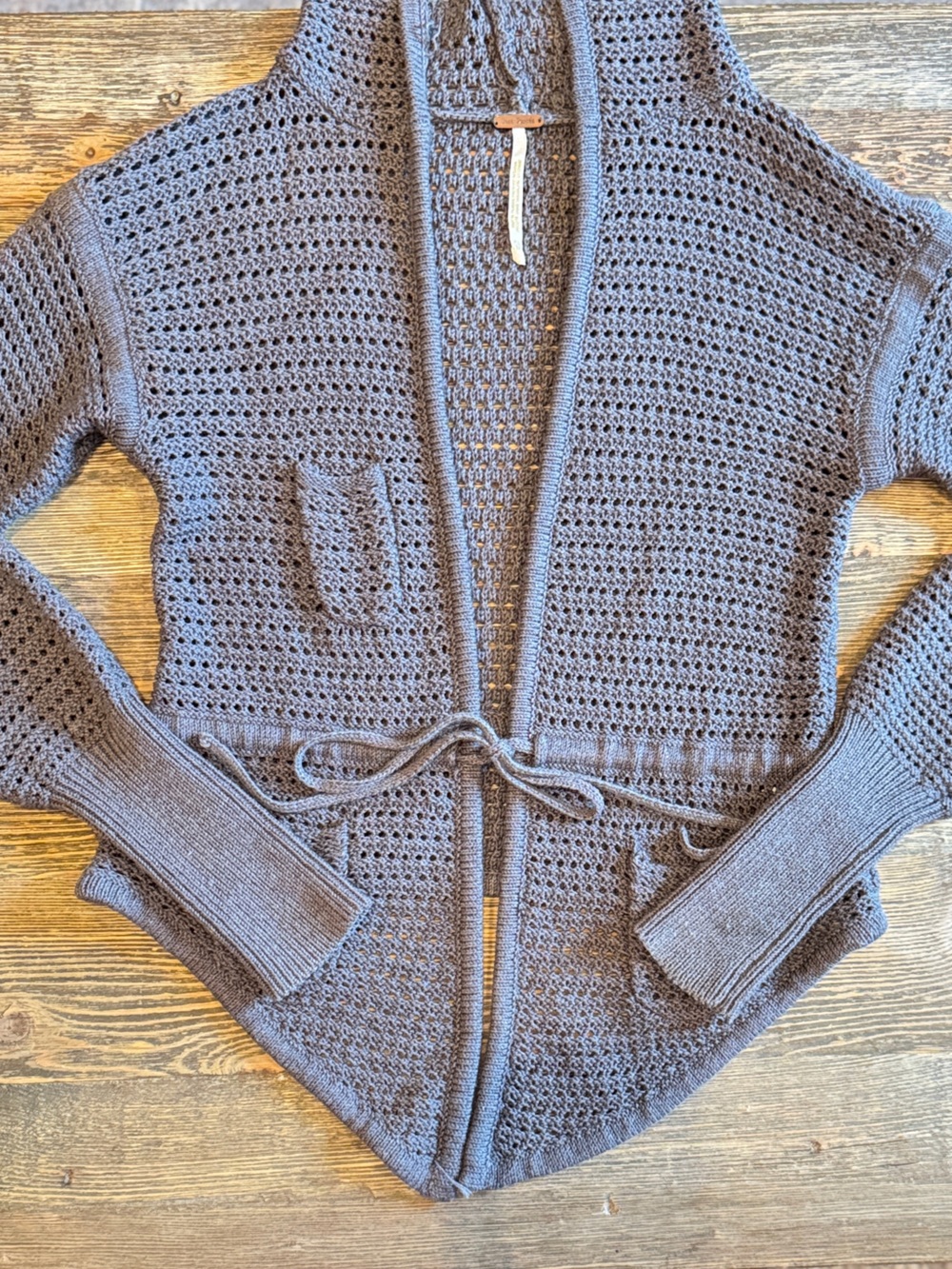 Free People Gray Open-Knit Tie-Front Sweaterโ Cardigan Size Extra Small